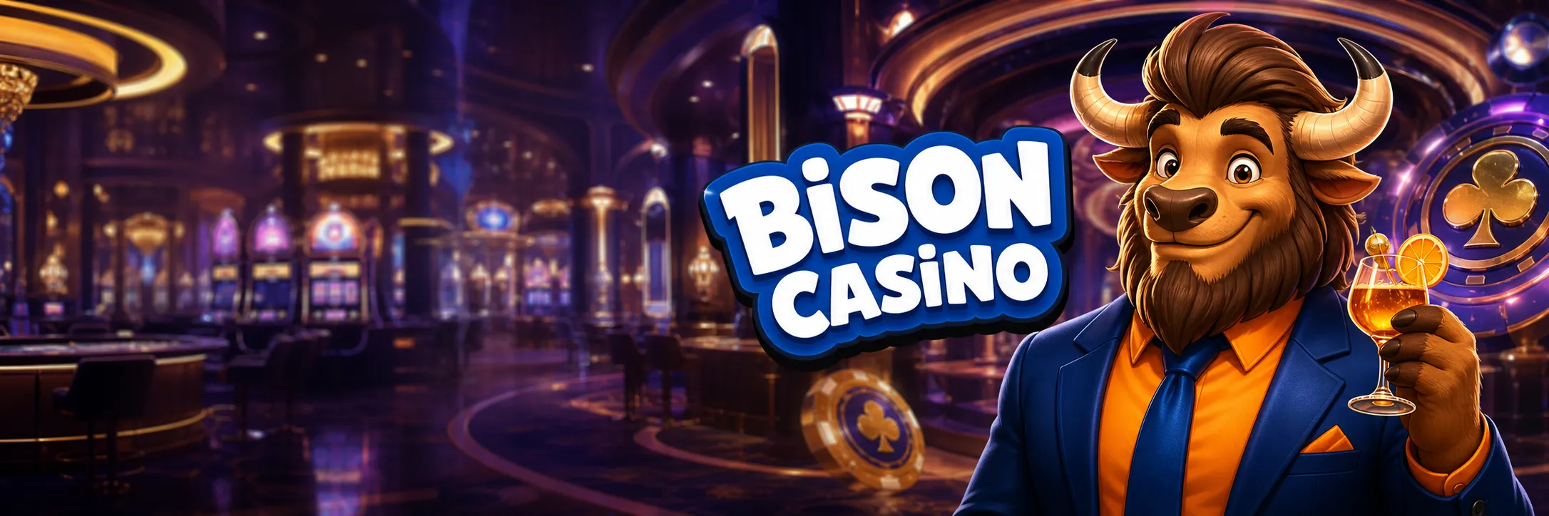 An elegant promotional banner for BISON CASINO featuring the iconic cartoon bison mascot in a stylish blue jacket, orange shi