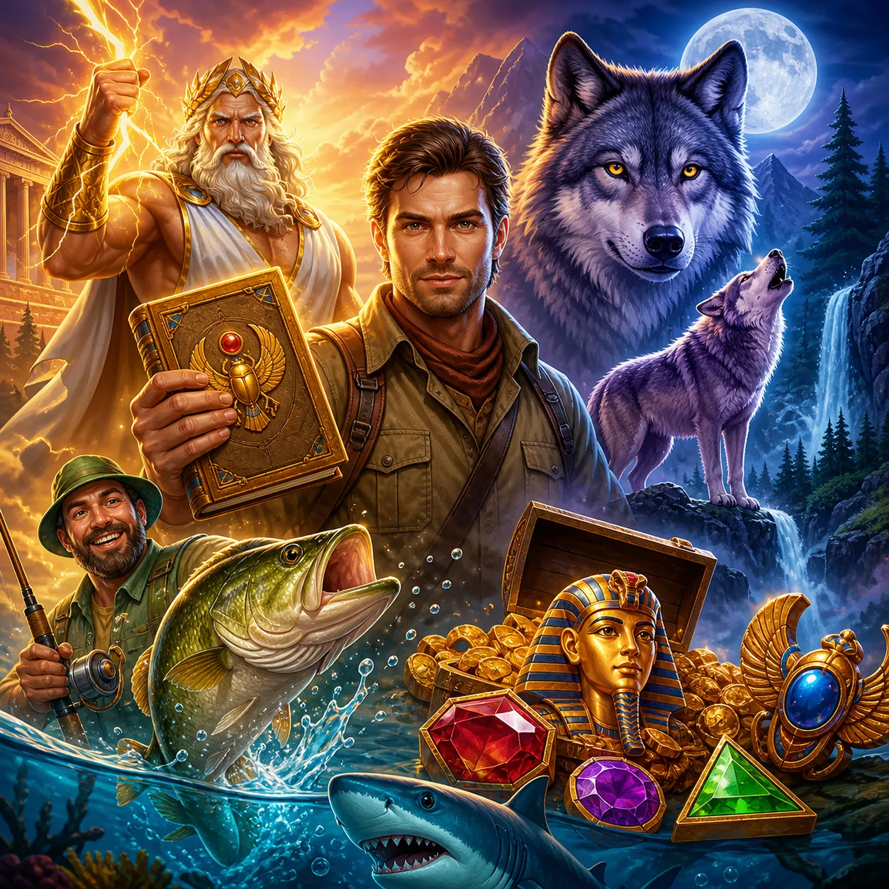 Illustrative scene with vibrant mythical creatures and fantasy landscape from slot games